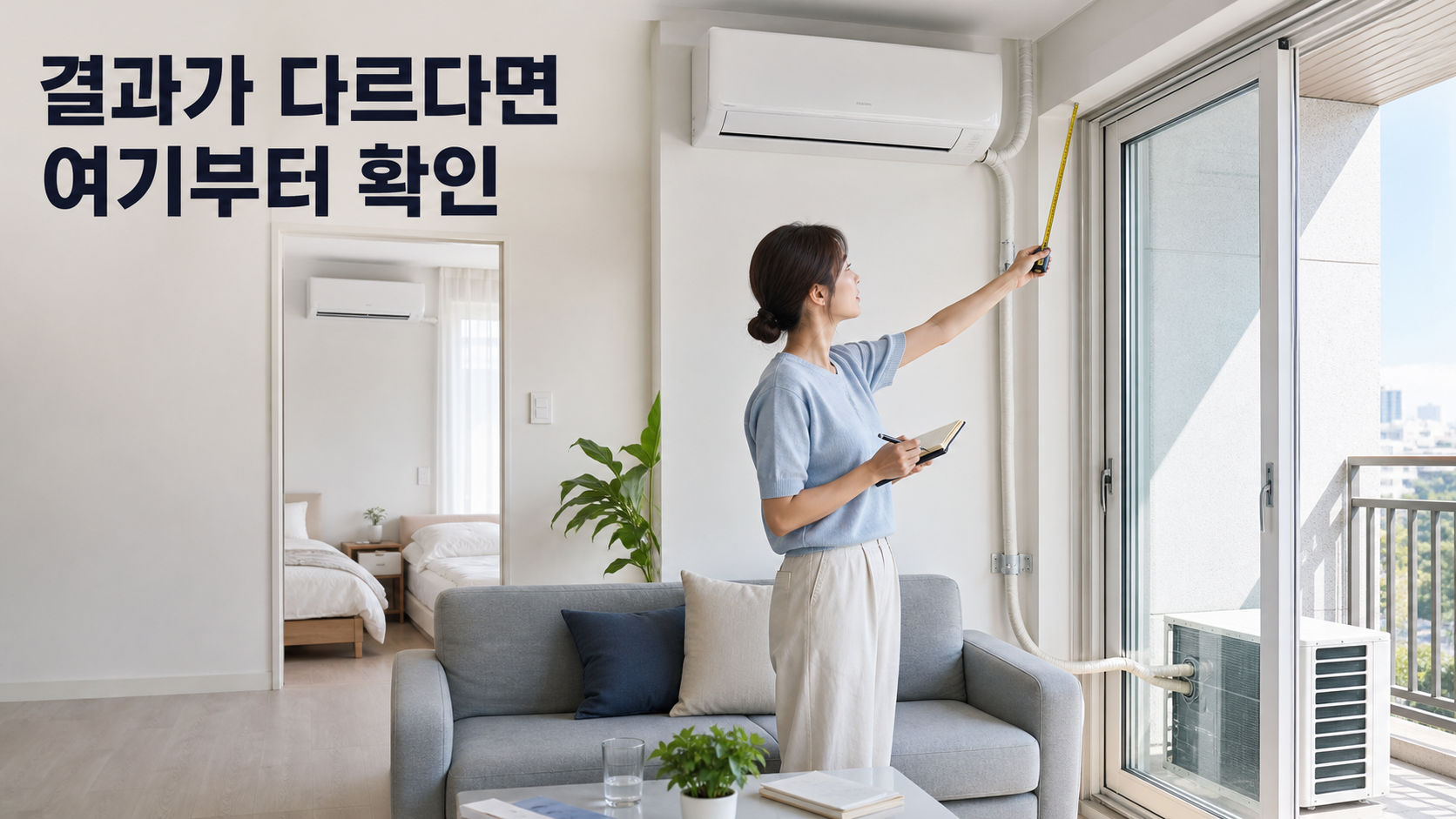 에어컨 2in1 vs 멀티형: 냉방면적보다 실외기·배관·앵글·재설치비 계산법 안내용 실사형 생성 이미지