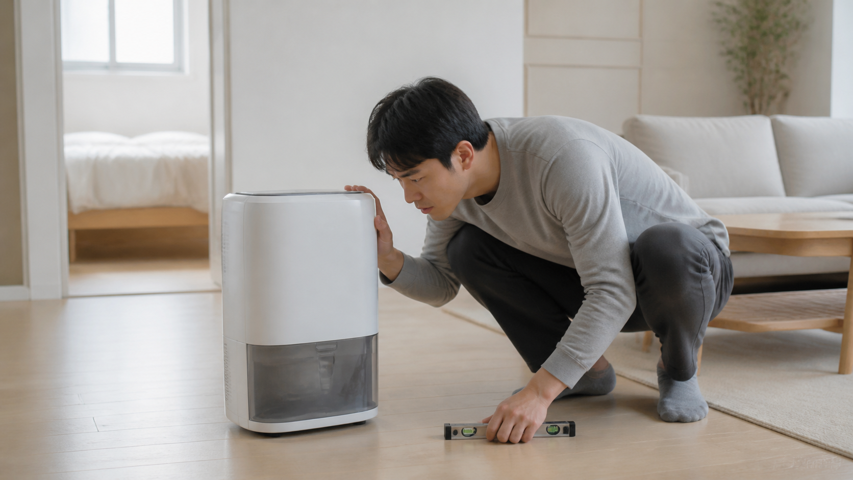제습기 소음 원인을 확인하기 위해 설치 상태를 살피는 모습