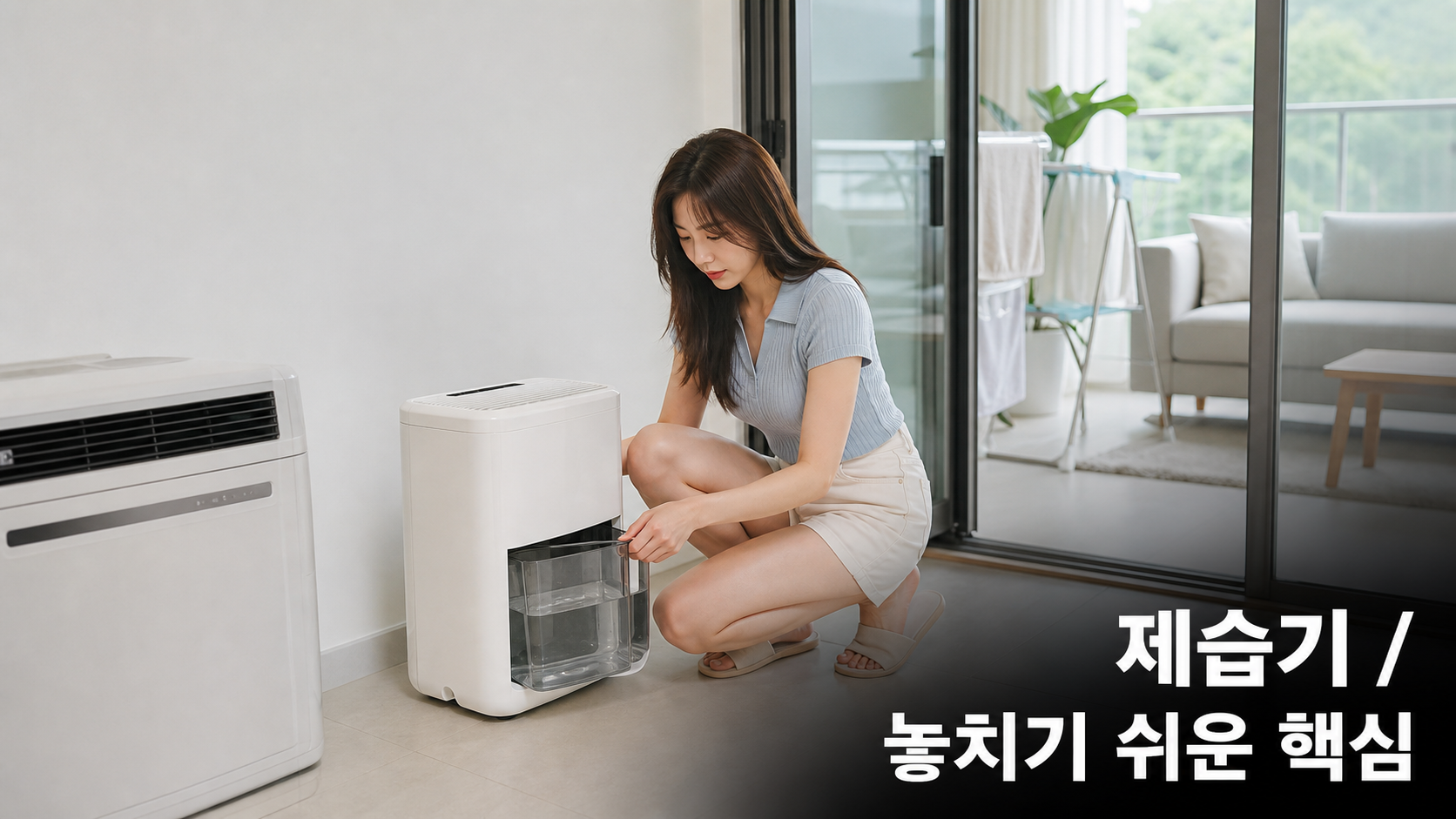 제습기 vs 에어컨 제습: 전기세·제습량·물통 관리로 사용 상황을 나누는 법 안내용 실사형 생성 이미지
