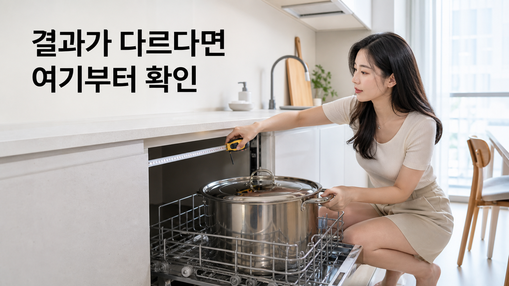 식기세척기 12인용 vs 14인용: 식기량보다 냄비 수납과 설치 실측을 비교하는 법 안내용 실사형 생성 이미지