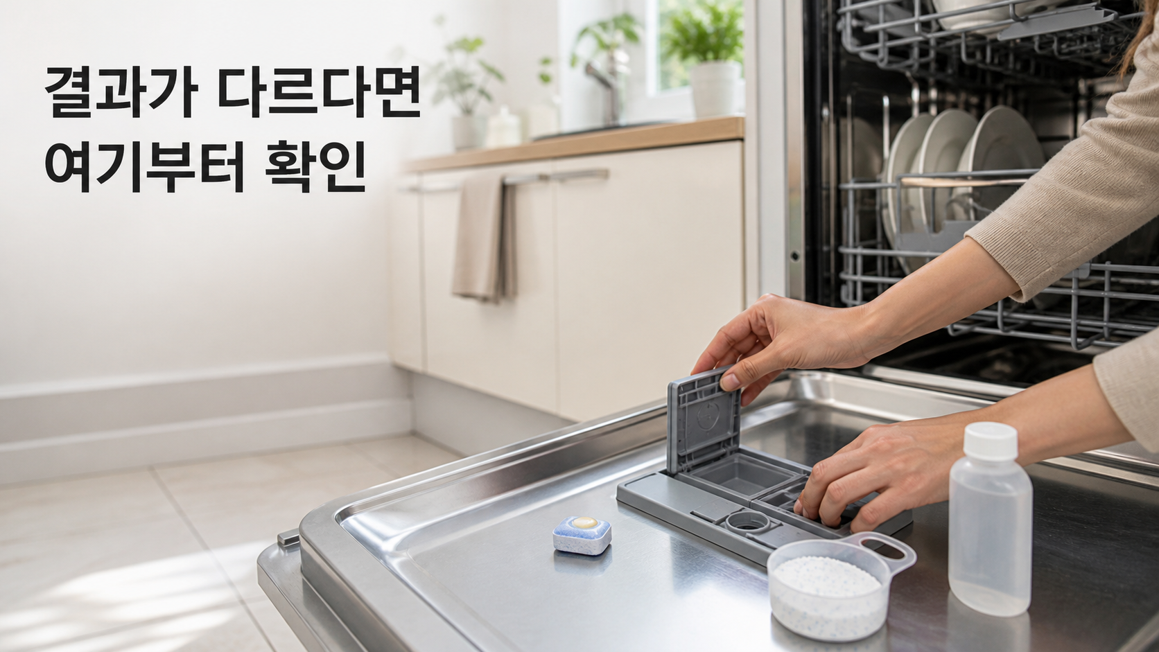 식기세척기 세제 타블렛·분말·액체 비교: 올인원·린스·모델별 투입법과 1회 비용 안내용 실사형 생성 이미지