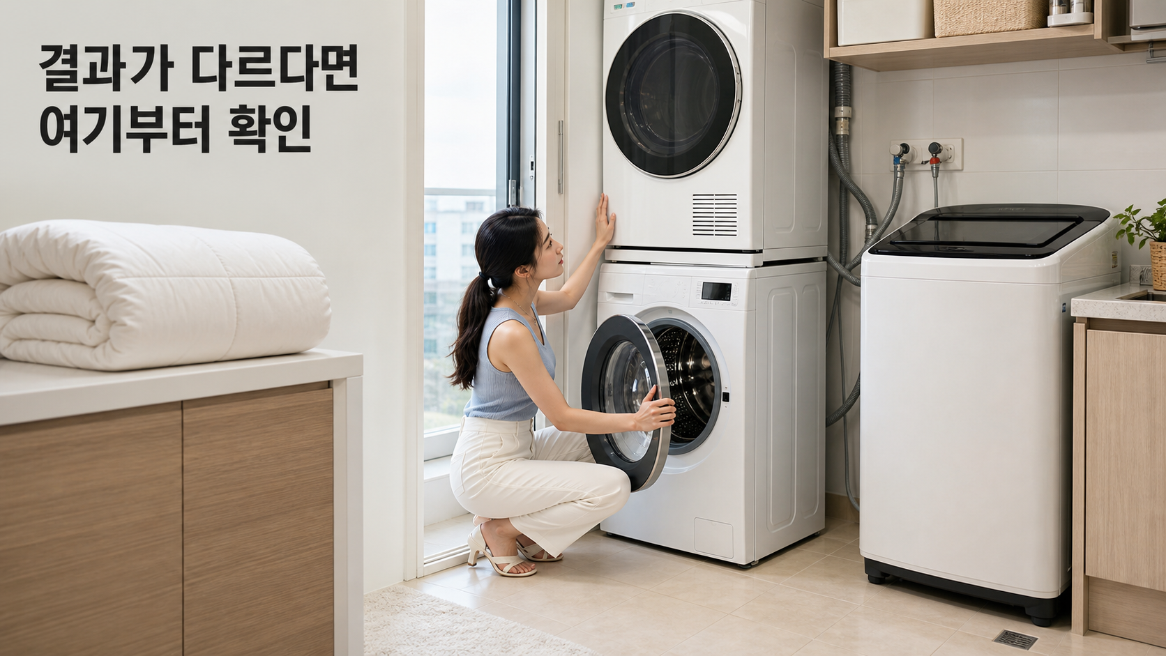 드럼세탁기 vs 통돌이: 이불 빨래·설치 공간·건조기 결합 기준으로 고르기 안내용 실사형 생성 이미지