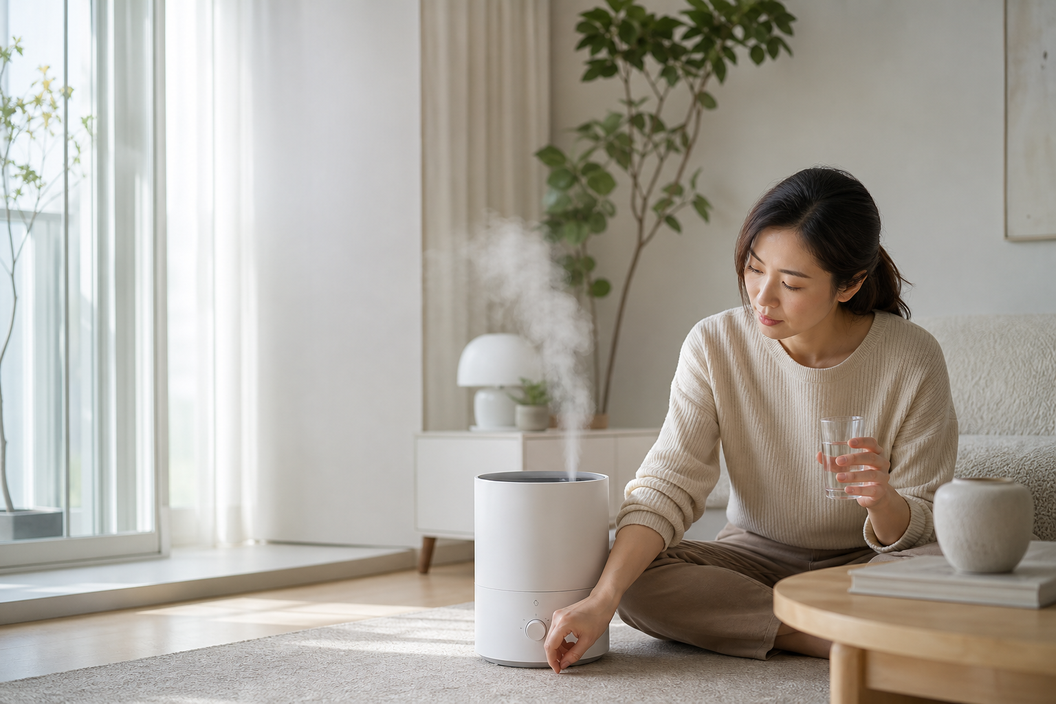 사람이 거실에서 가습기를 조작하는 비브랜드 생성 실사풍 안내 이미지
