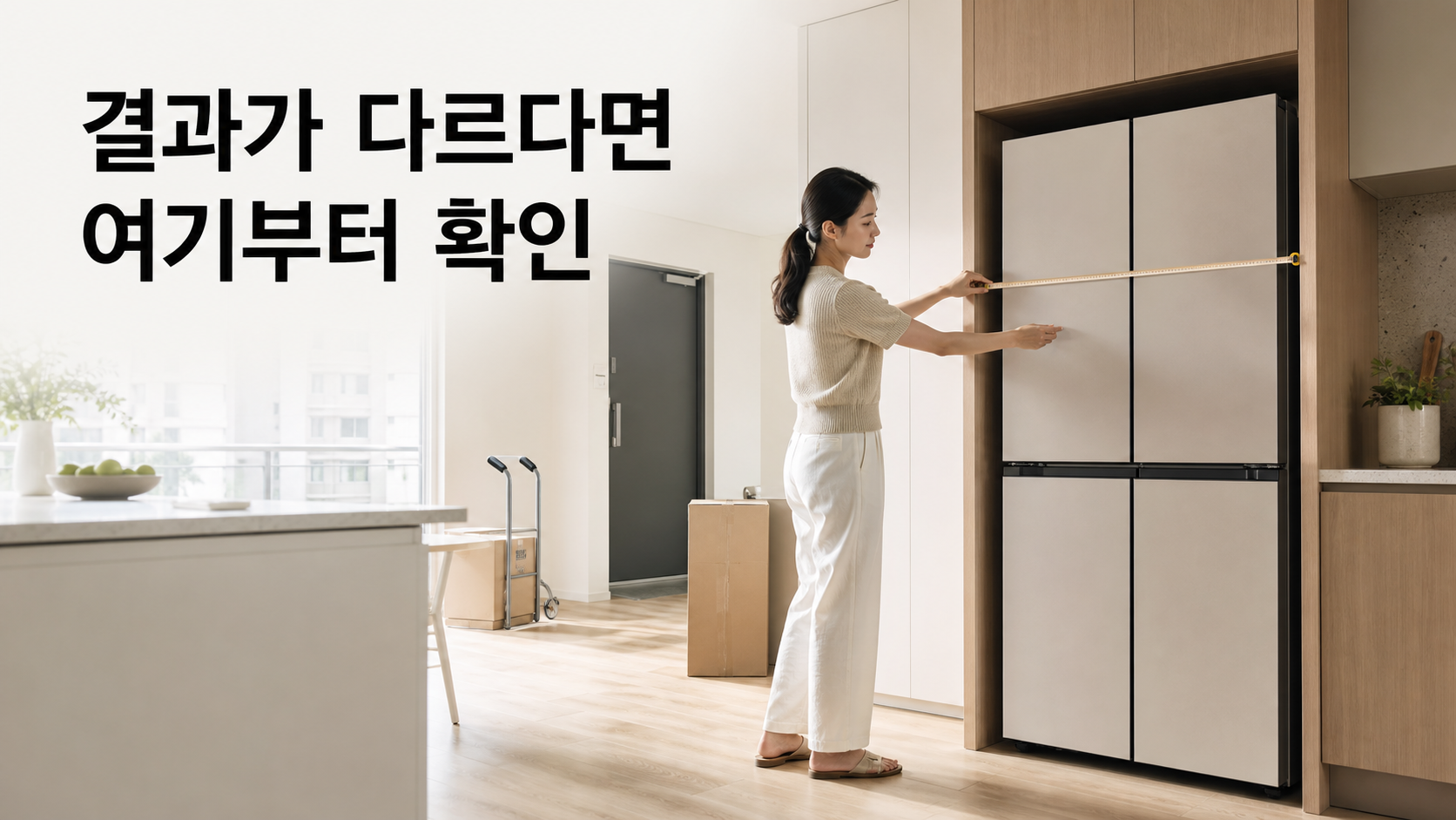 4도어 냉장고 vs 양문형: 용량보다 냉장고장 폭·문 열림·반입 조건으로 고르는 법 안내용 실사형 생성 이미지