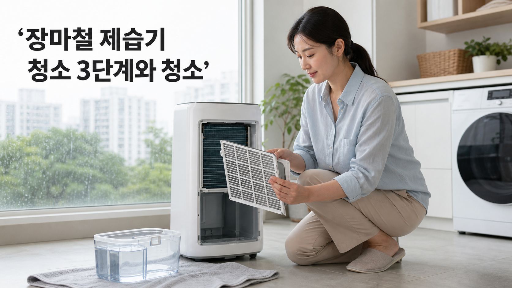 장마철 제습기 청소 3단계 안내용 실사형 생성 이미지