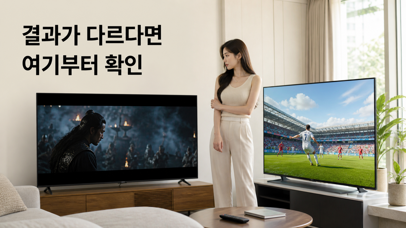 OLED TV와 미니 LED TV 비교: 영화방·밝은 거실·게임별로 선택 기준 나누기 안내용 실사형 생성 이미지