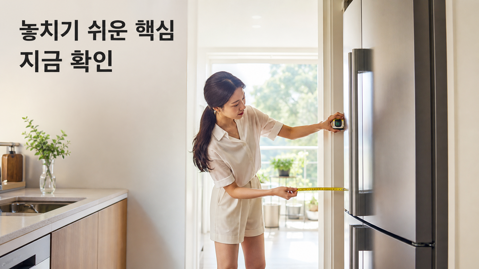 냉장고 용량 선택표: 가구원 수보다 보관량·문 열림·반입 공간을 계산하는 법 안내용 실사형 생성 이미지