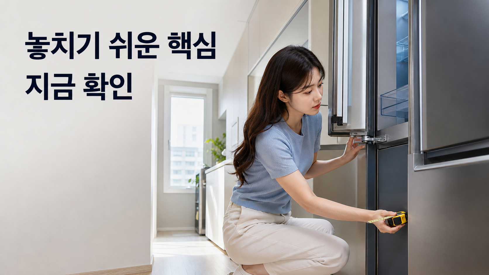 냉장고 문 방향 바꿀 수 있을까? 모델별 도어 변경·열림 각도·반입 폭 확인법 안내용 실사형 생성 이미지