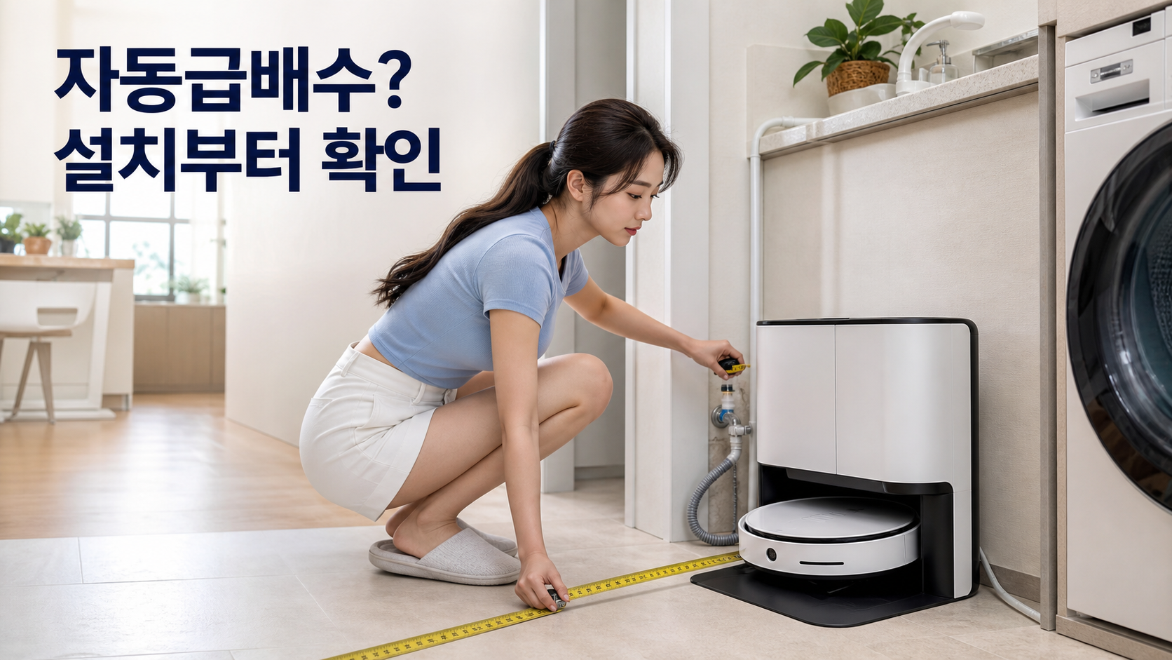 로봇청소기 자동급배수 vs 물통형: 수전 거리·배수 구조 확인 후 고르는 법 안내용 실사형 생성 이미지
