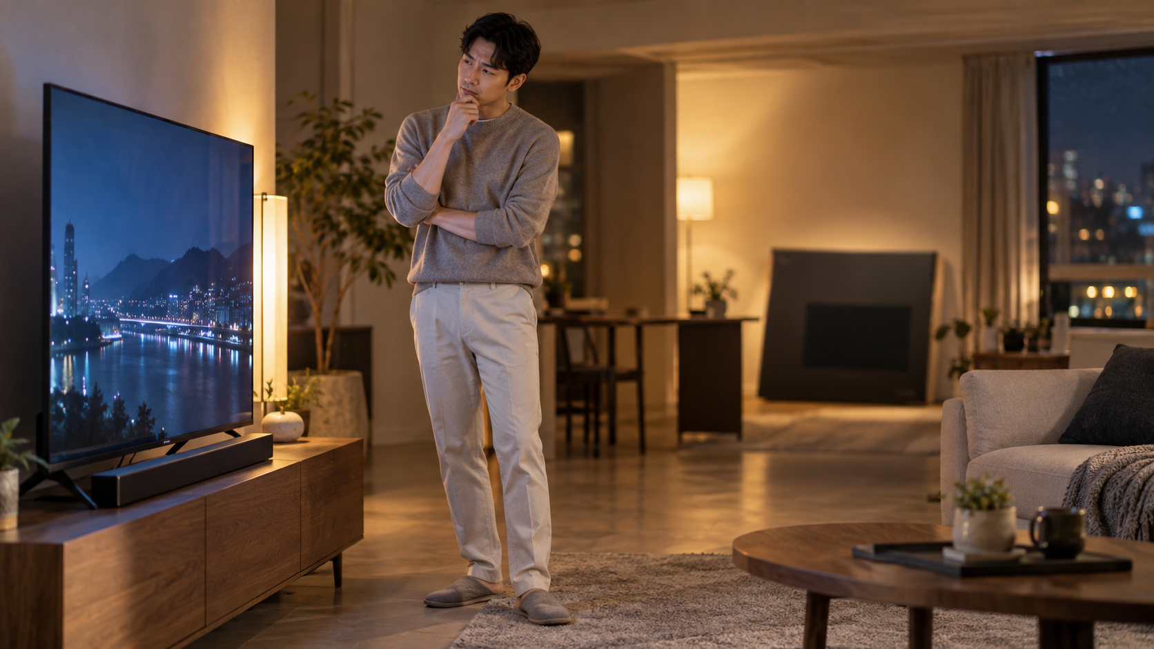 기존 TV와 사운드바를 보며 eARC 때문에 TV를 교체할지 고민하는 사용자