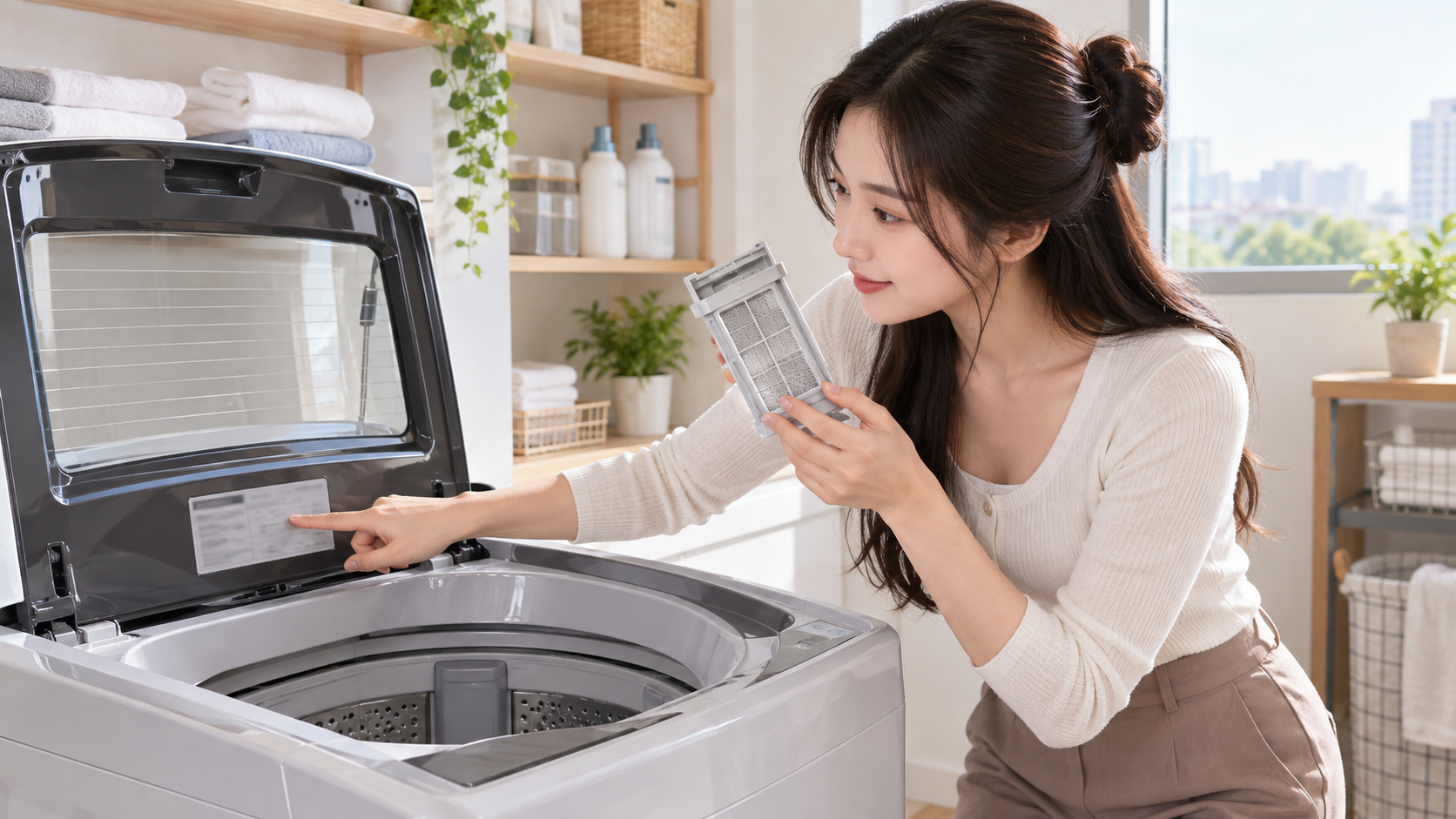 통돌이 세탁기 모델 라벨과 분리한 실밥걸름망을 함께 확인하는 사용자
